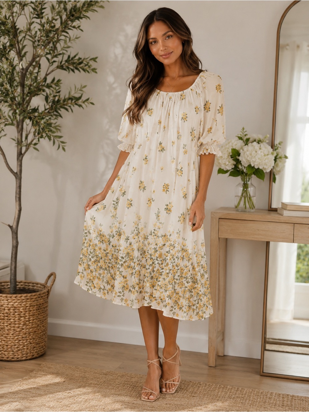 SirenLily Floral Midi Dress Yellow Roses Cottagecore Size Medium
